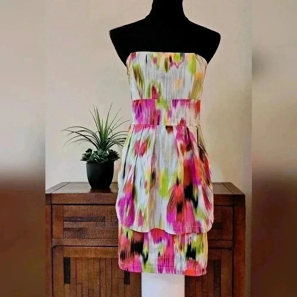 Poet Strapless Mini Dress Colourful Pink Green Short Dress Size 7 Cotton